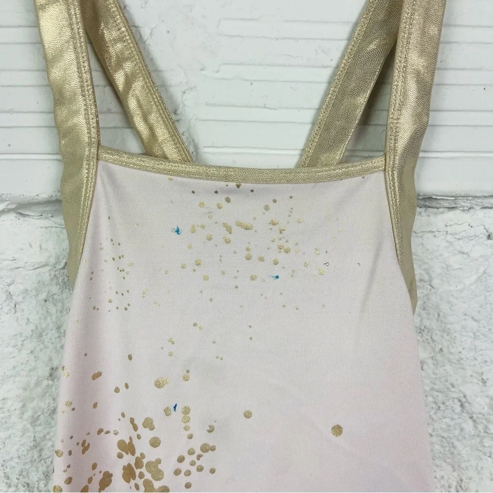 Justice light pink and golden splatter print stretch gymnastics, Roper onesie XL
